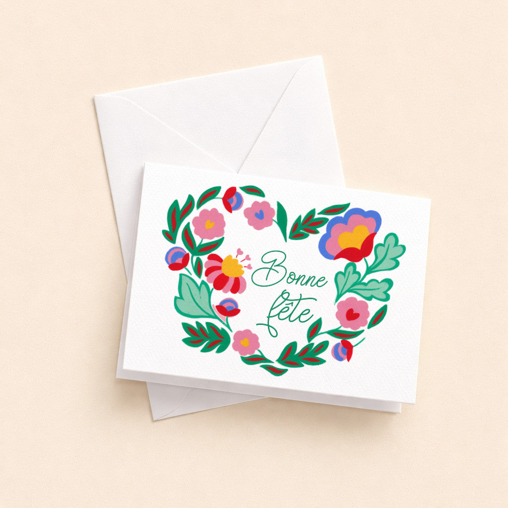 Mini carte pliée Bonne fête cœur et son enveloppe, couronne de fleurs en forme de cœur