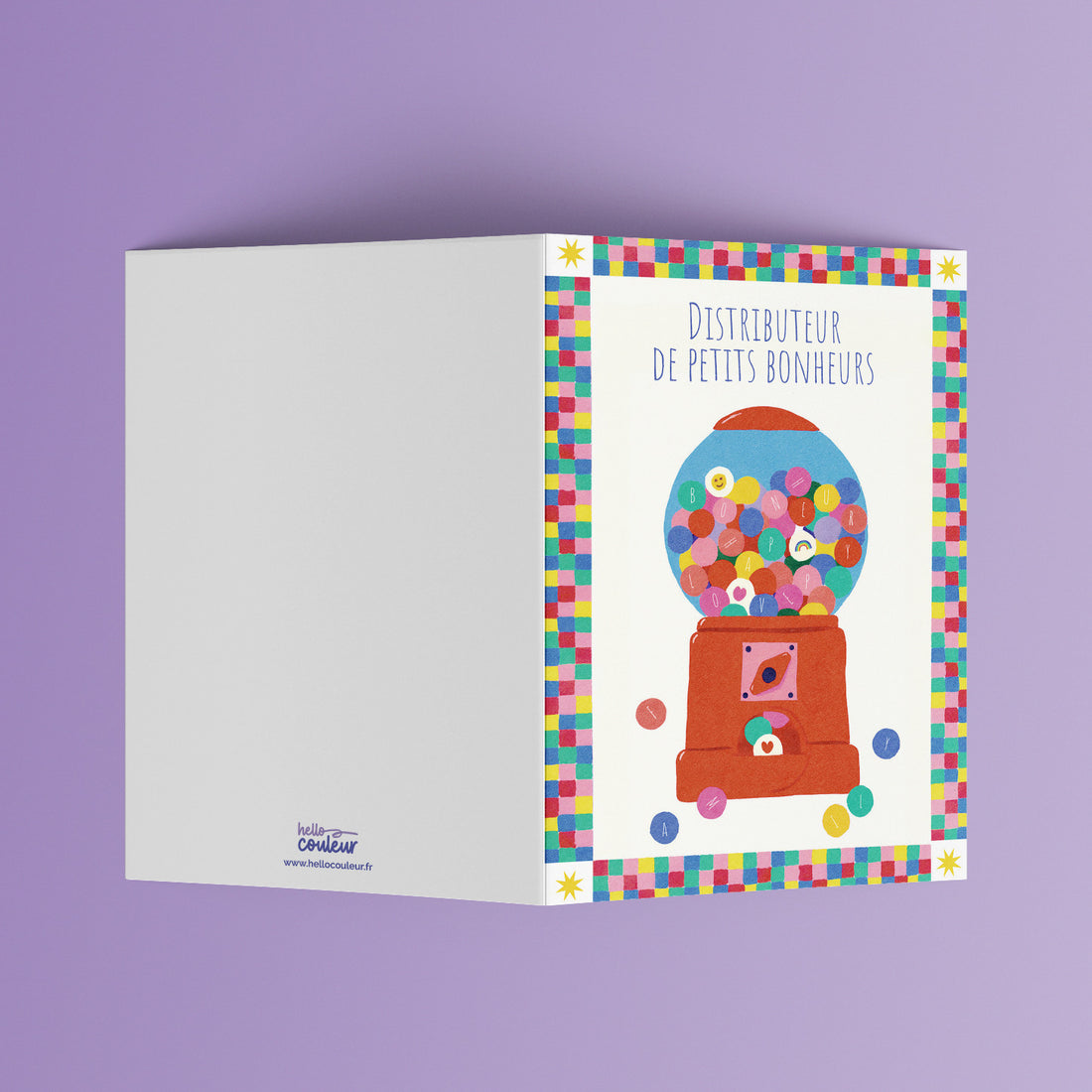Carte pliée Distributeur de petits bonheurs dépliée, page intérieure vierge à gauche et illustration à droite