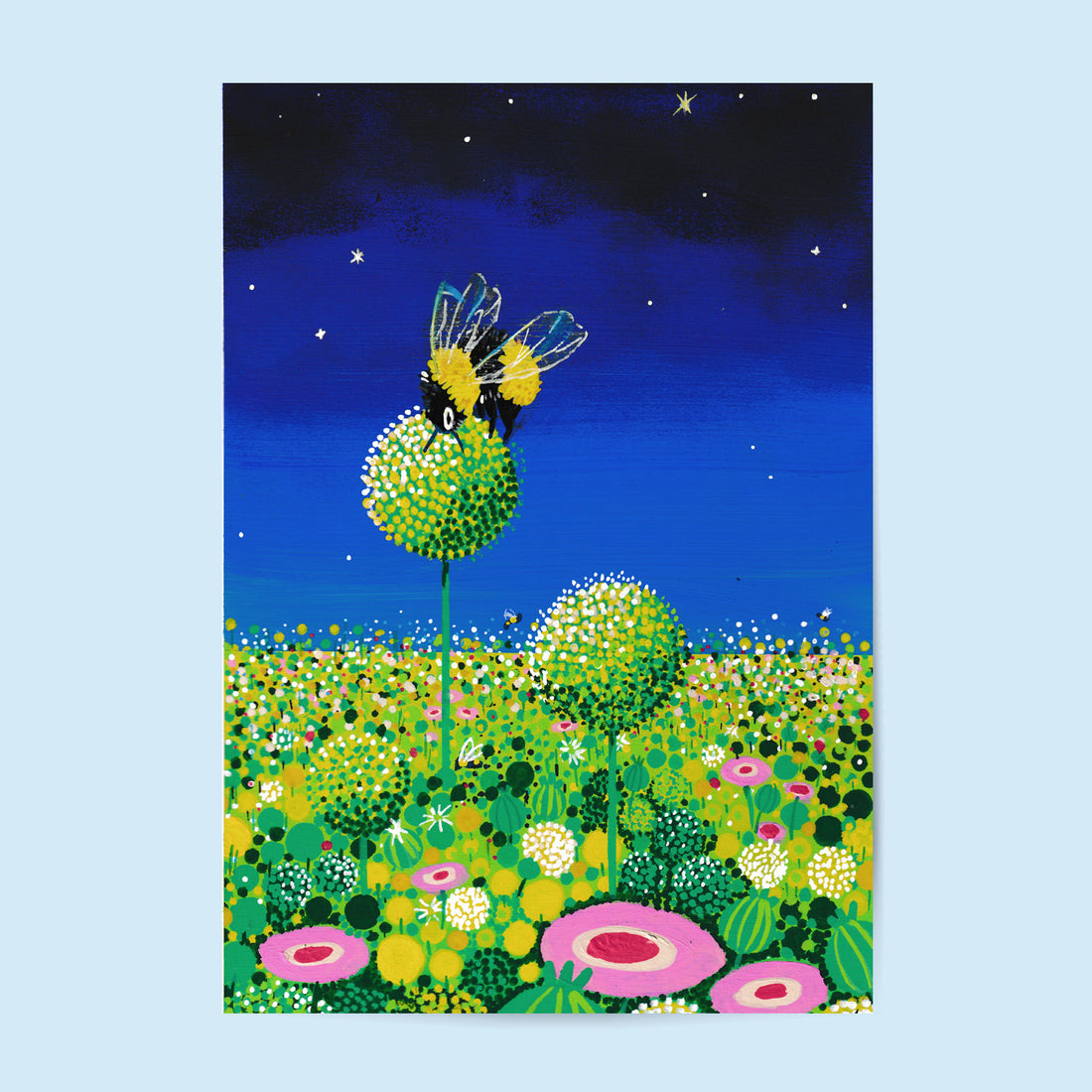Tirage d'art Abeille, illustration peinte à la main d'un bourdon sur une fleur ronde jaune et verte, sur un ciel bleu nuit étoilé