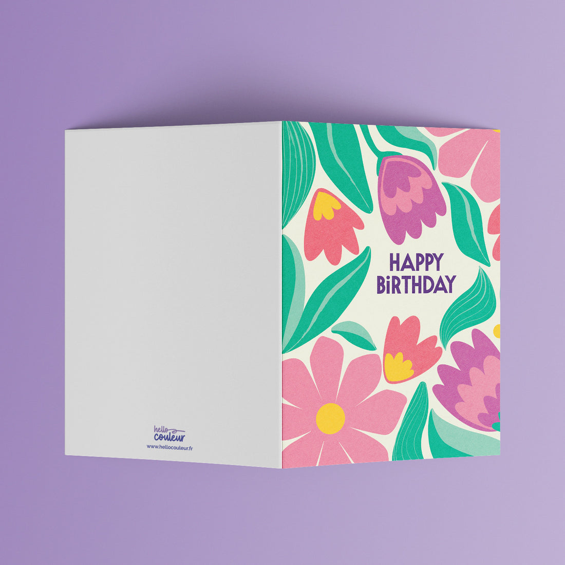 Carte pliée Happy Birthday rétro dépliée, page intérieure vierge à gauche et message fleuri à droite