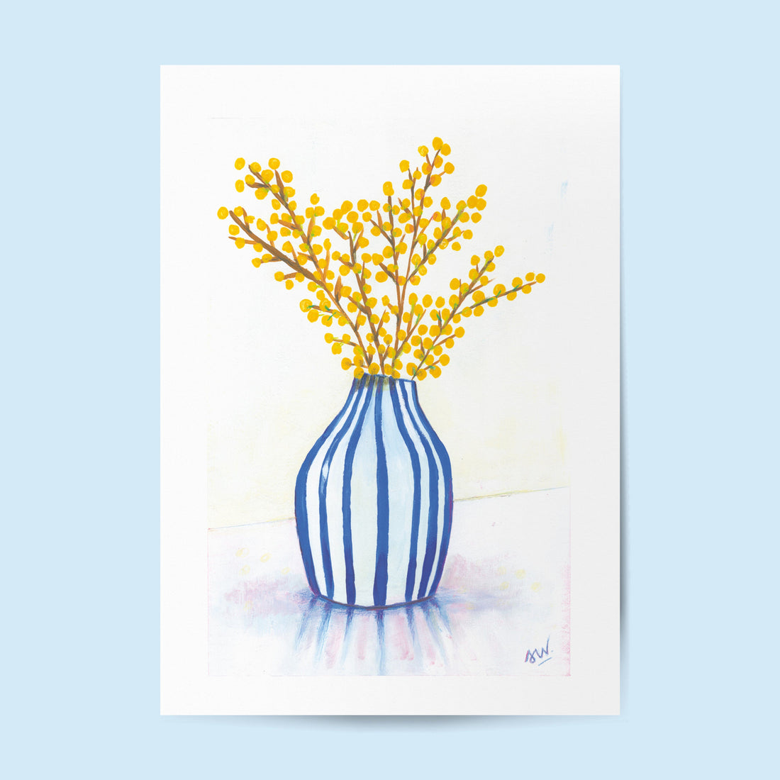 Tirage d'art Mimosa et Vase, illustration de branches de mimosa jaune dans un vase rayé bleu et blanc