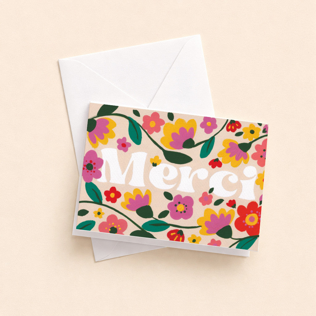 Mini carte pliée Merci Flower Mood et son enveloppe, message entouré de fleurs colorées