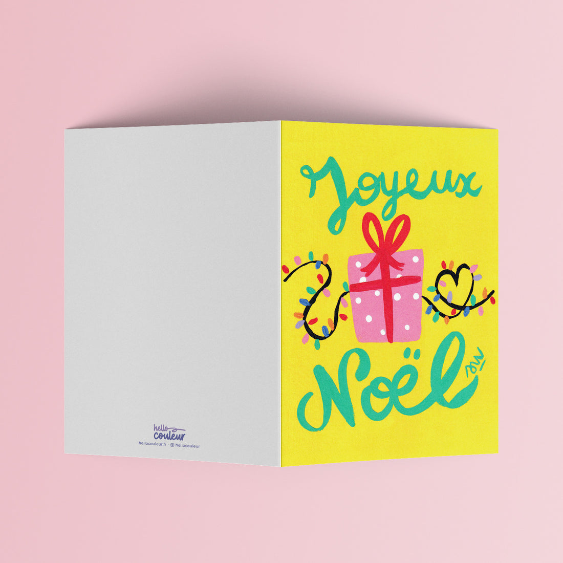 Carte pliée Noël Paquet cadeaux dépliée, page intérieure vierge à gauche et paquet cadeau à droite