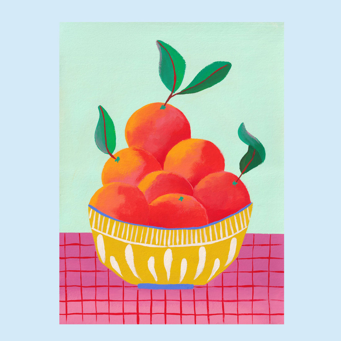 Tirage d'art Panier vitaminé, illustration d'une coupe jaune garnie d'agrumes sur une nappe à carreaux roses