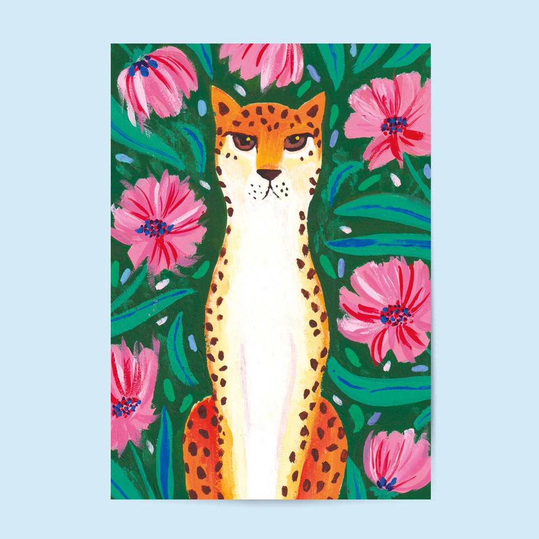 Tirage d'art Guépard fleuri, illustration d'un guépard debout parmi de grandes fleurs roses et des feuillages verts