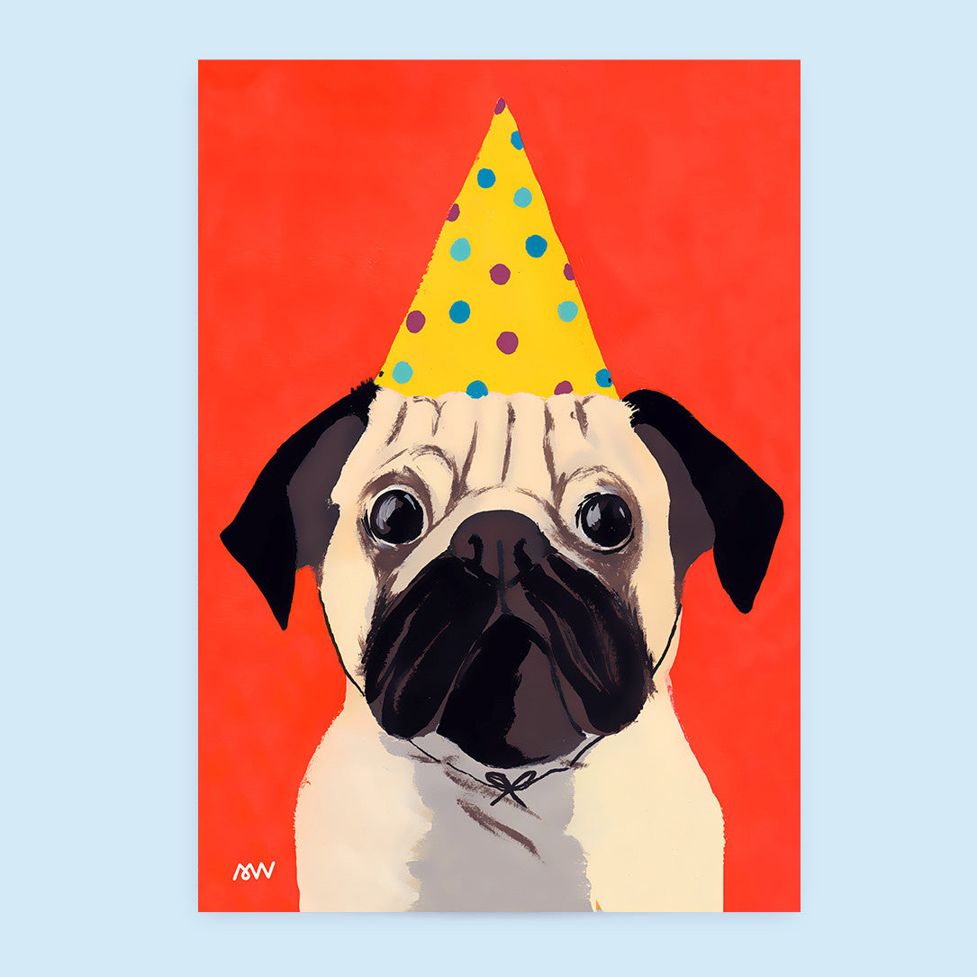 Tirage d'art Monsieur Carlin, illustration d'un carlin coiffé d'un chapeau de fête jaune à pois, fond rouge