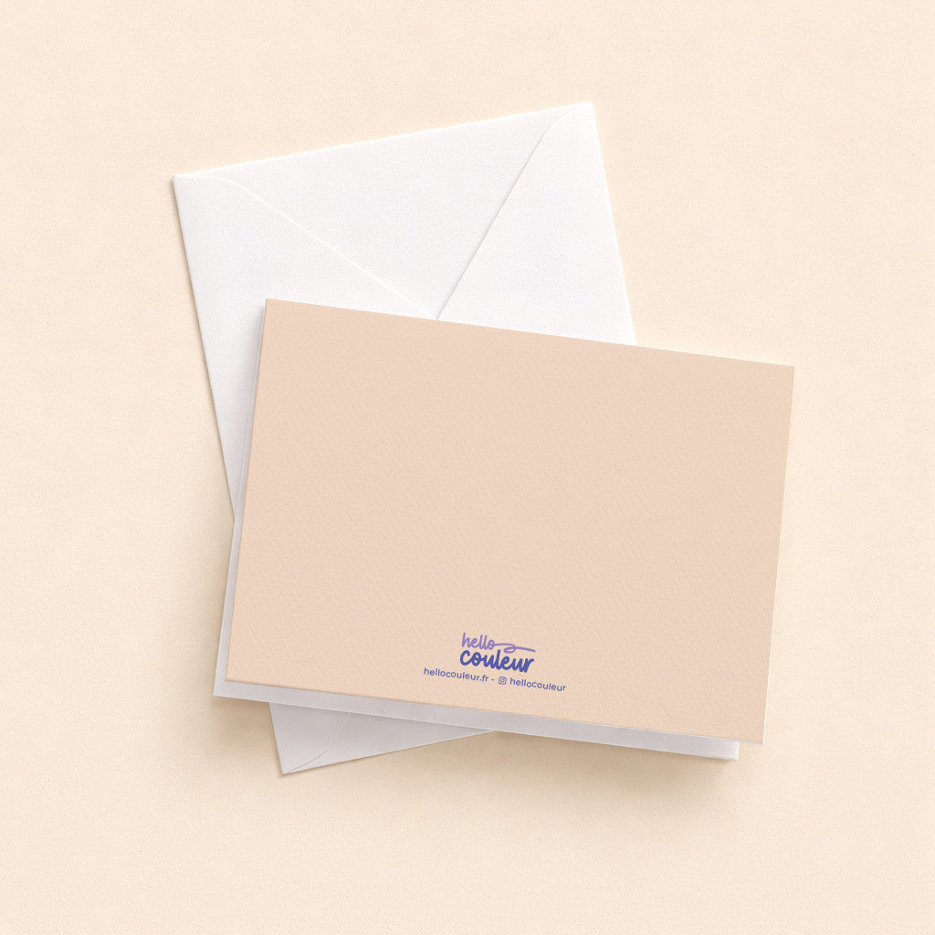 Dos de la mini carte pliée Merci Flower Mood, verso beige uni signé Hello couleur