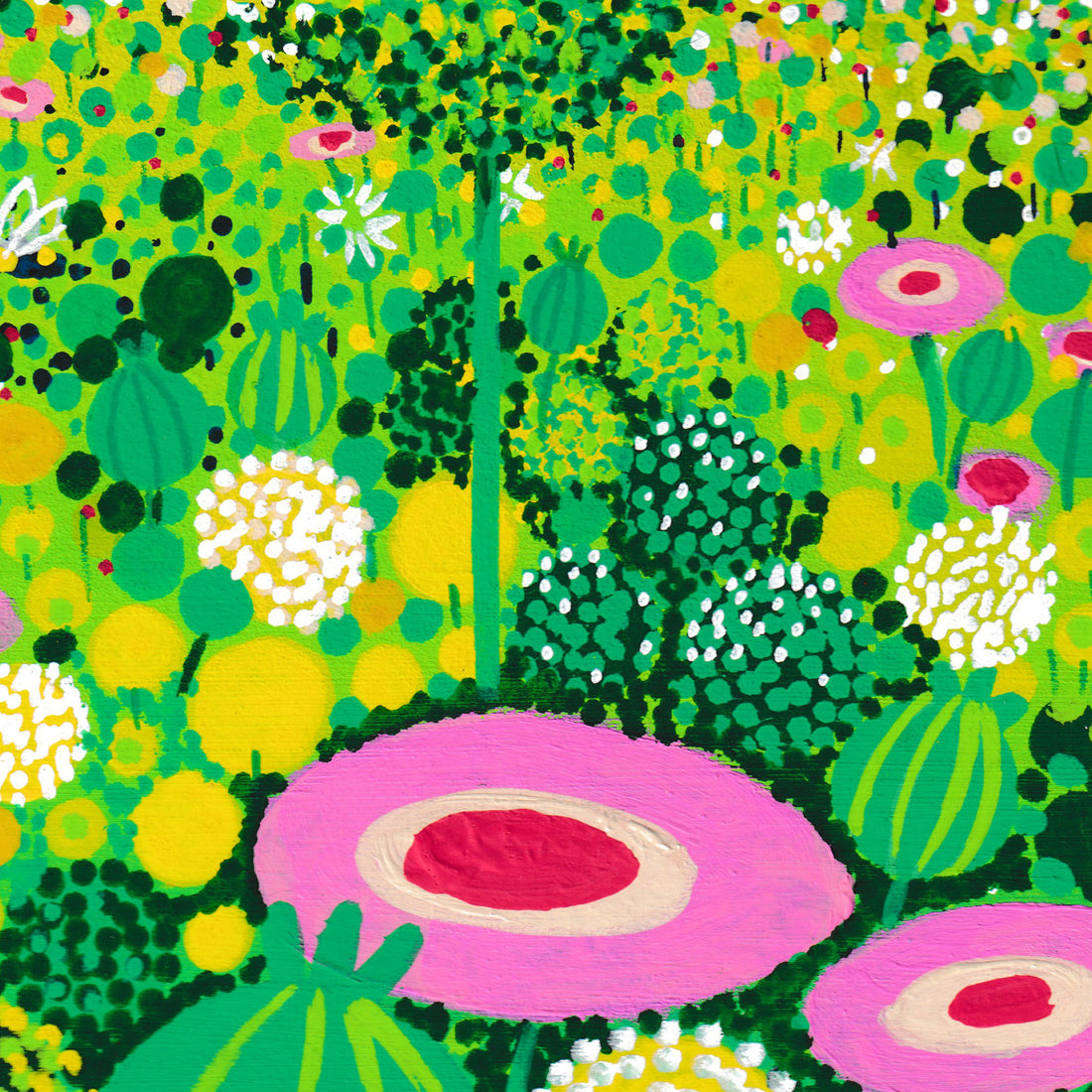 Détail du tirage d'art Abeille : la prairie fleurie de roses, de blancs et de verts au pied de la tige