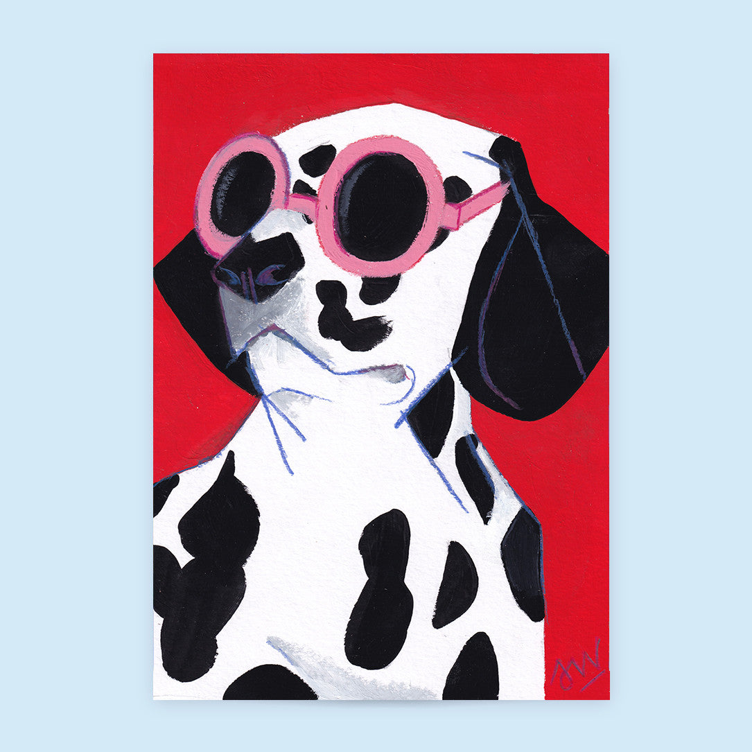 Tirage d'art Dalmatien, illustration d'un chien dalmatien portant des lunettes de soleil roses sur fond rouge