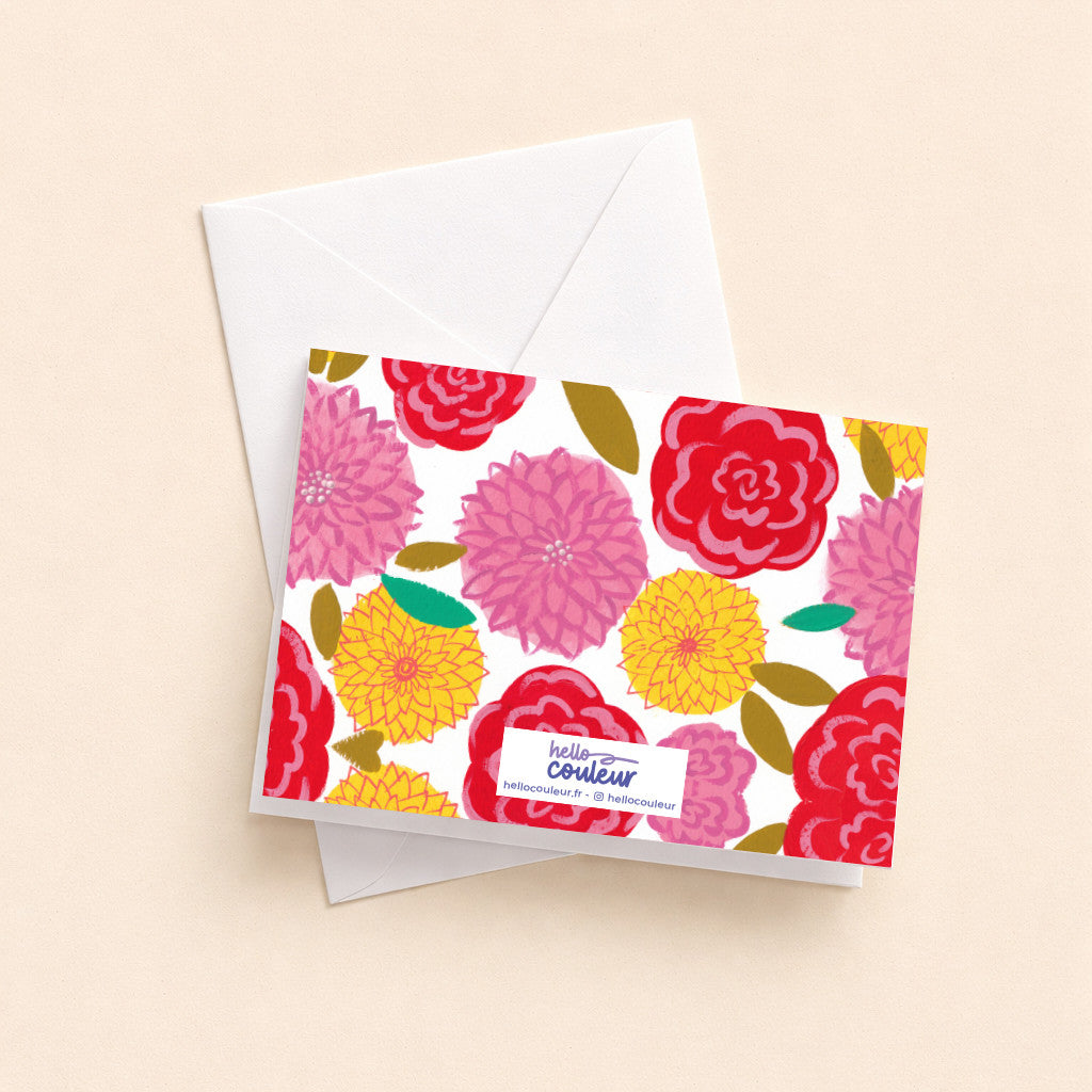 Dos de la mini carte pliée Jardin Dahlia, motif de dahlias et signature Hello couleur