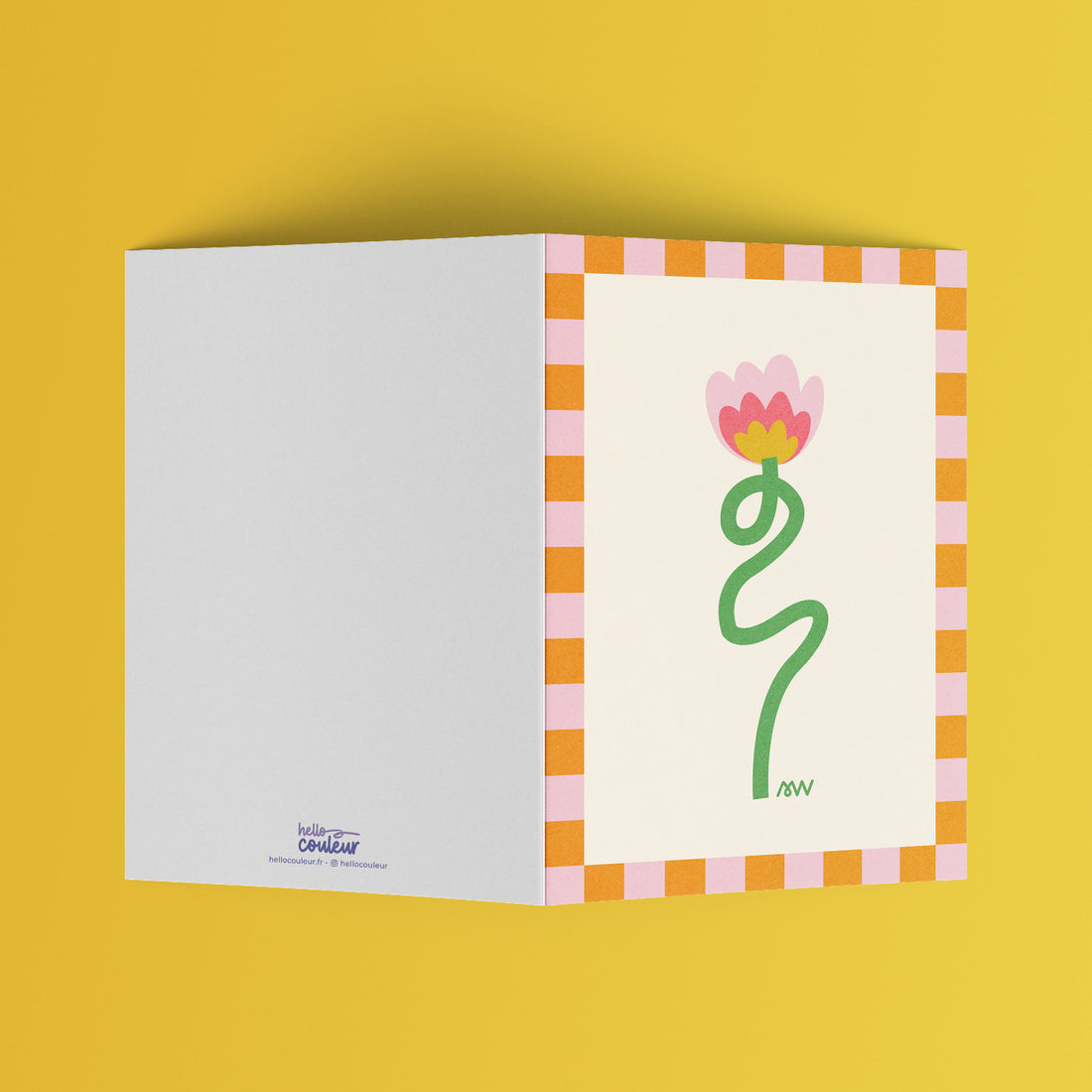 Carte pliée Fleur du bonheur dépliée, page intérieure vierge à gauche et fleur à tige ondulée à droite
