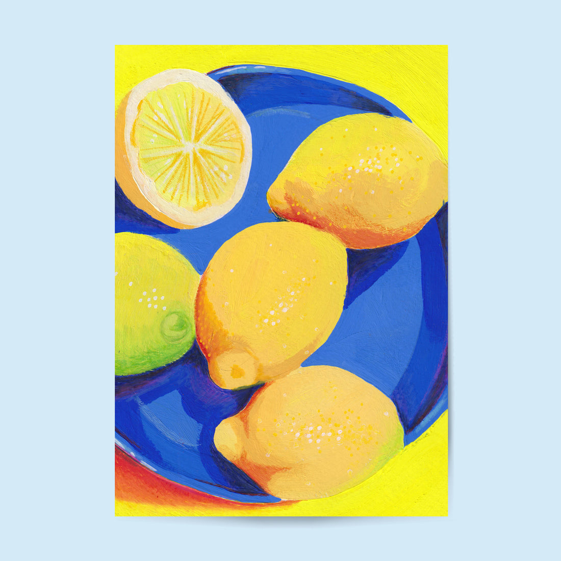 Tirage d'art Citrons, illustration de citrons entiers et coupés sur une assiette bleue, fond jaune vif