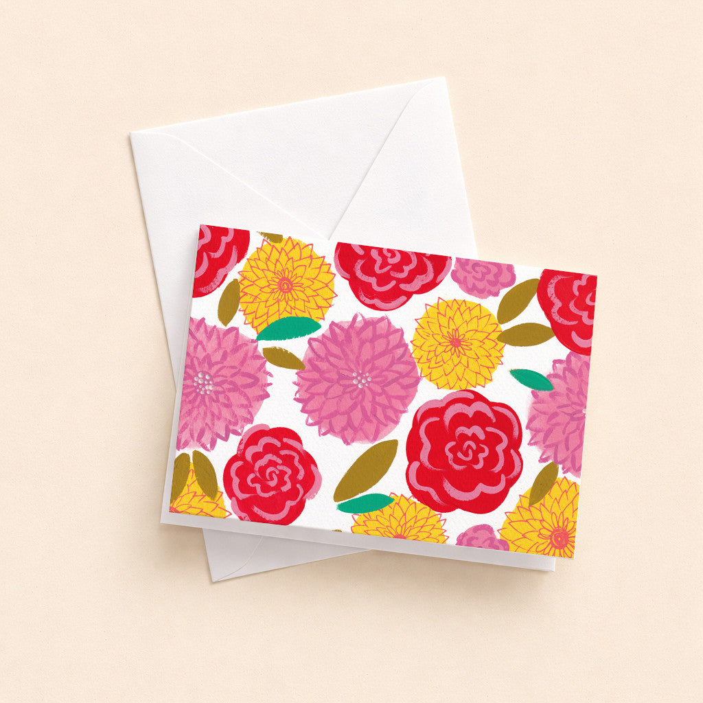 Mini carte pliée Jardin Dahlia et son enveloppe, semis de dahlias roses, rouges et jaunes