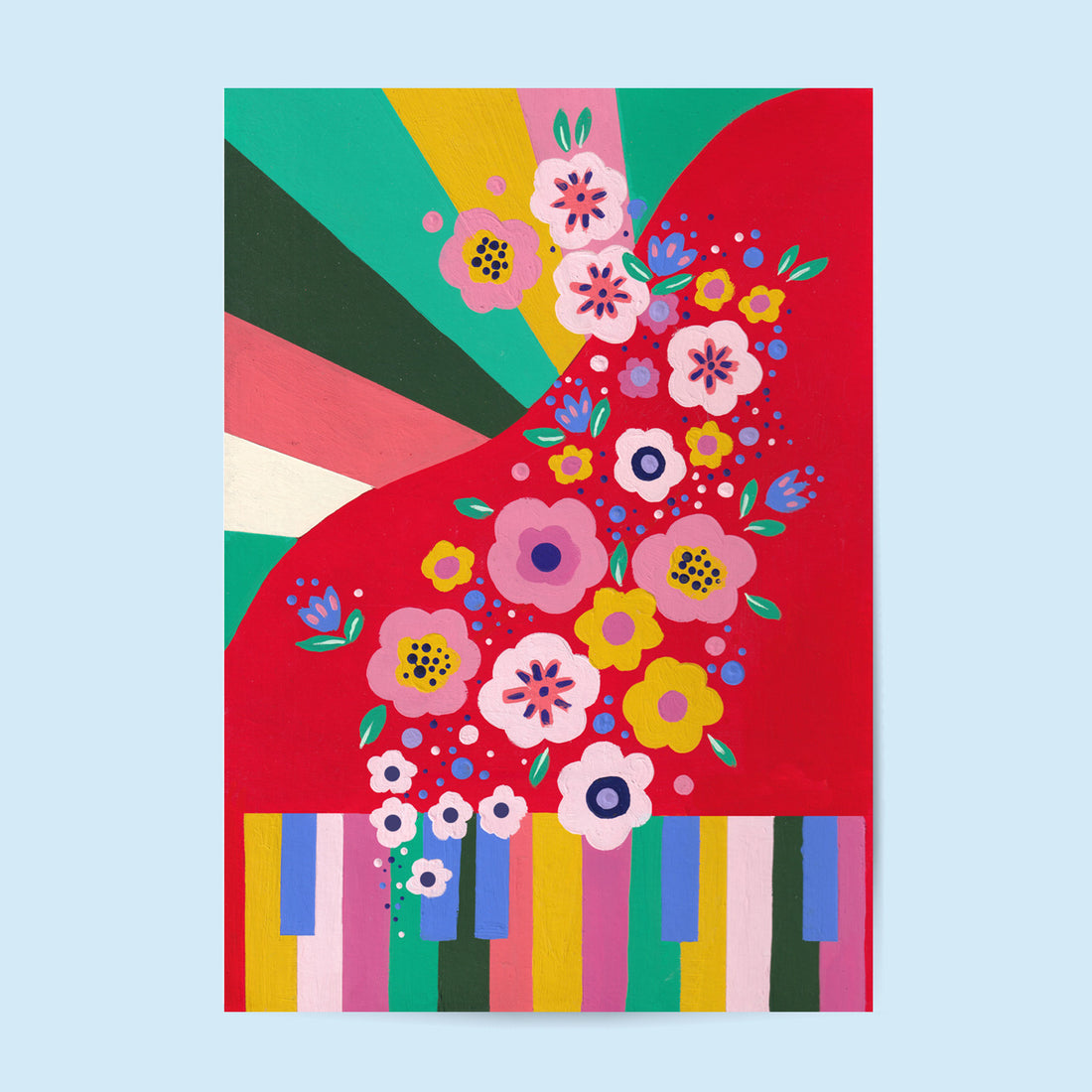 Tirage d'art Piano fleuri, illustration d'un piano rouge couvert de fleurs multicolores sur fond graphique