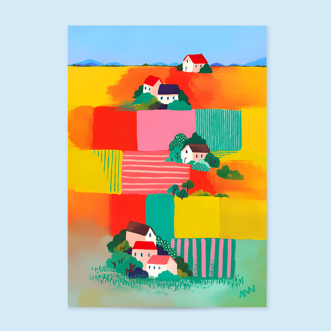 Tirage d'art Les Alluets, illustration d'un patchwork de champs colorés parsemé de petites maisons blanches