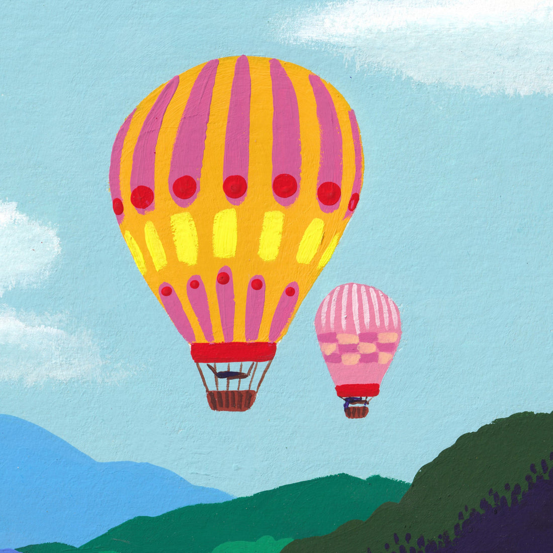 Détail du tirage d'art Voyage en montgolfière : la montgolfière jaune et rose et sa petite sœur dans le ciel bleu