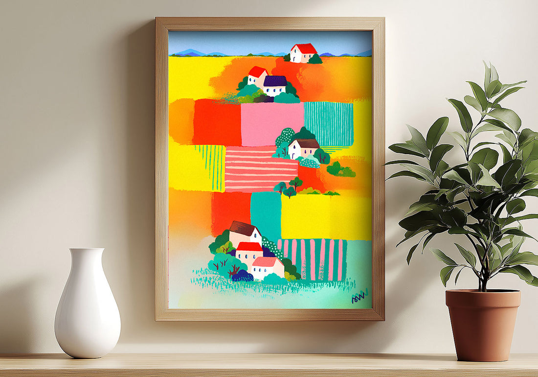 Peinture originale Les Alluets encadrée en bois, sur une étagère entre un vase blanc et une plante en pot