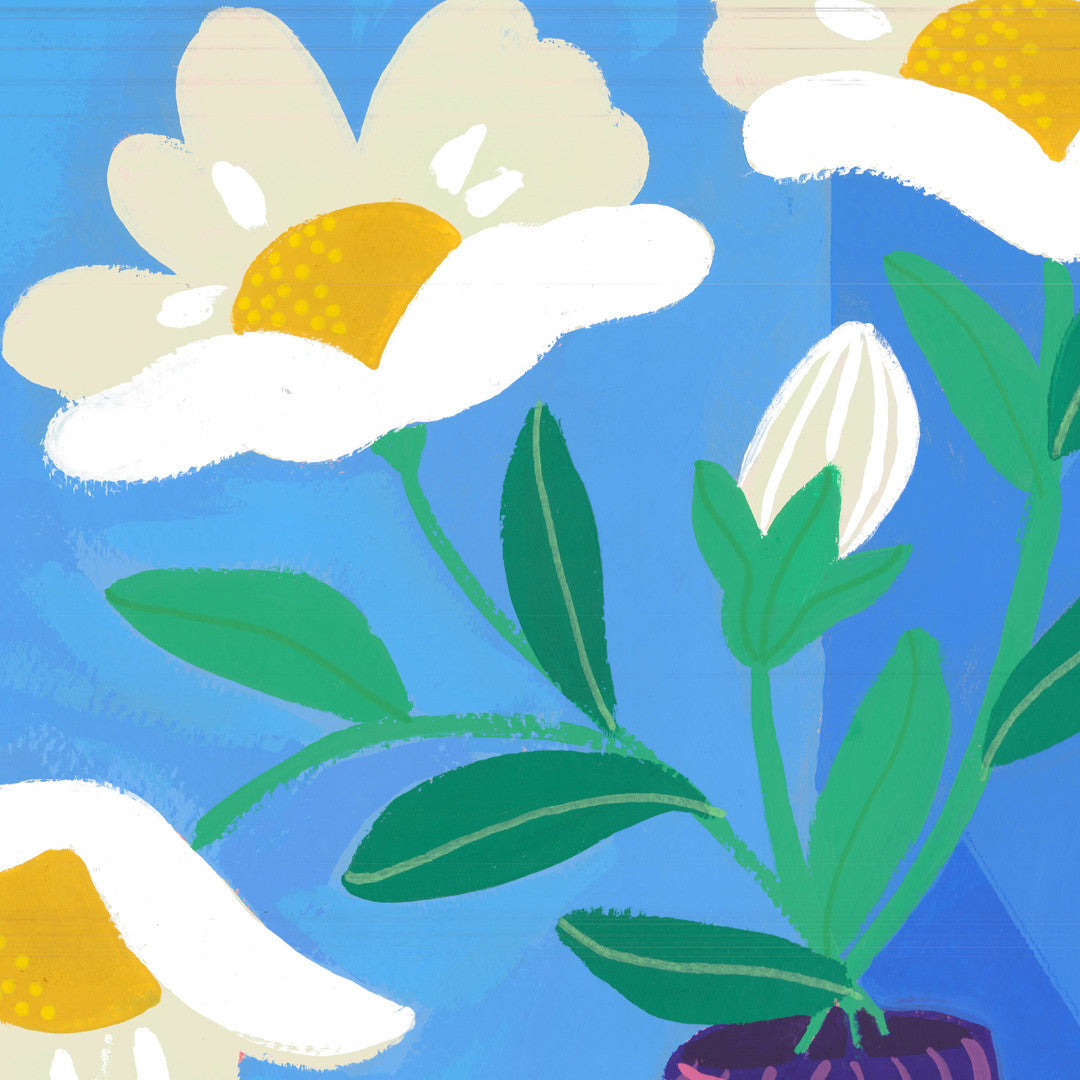 Détail du tirage d'art Les Agrumes de Noémie : les marguerites blanches à cœur jaune sur le fond bleu