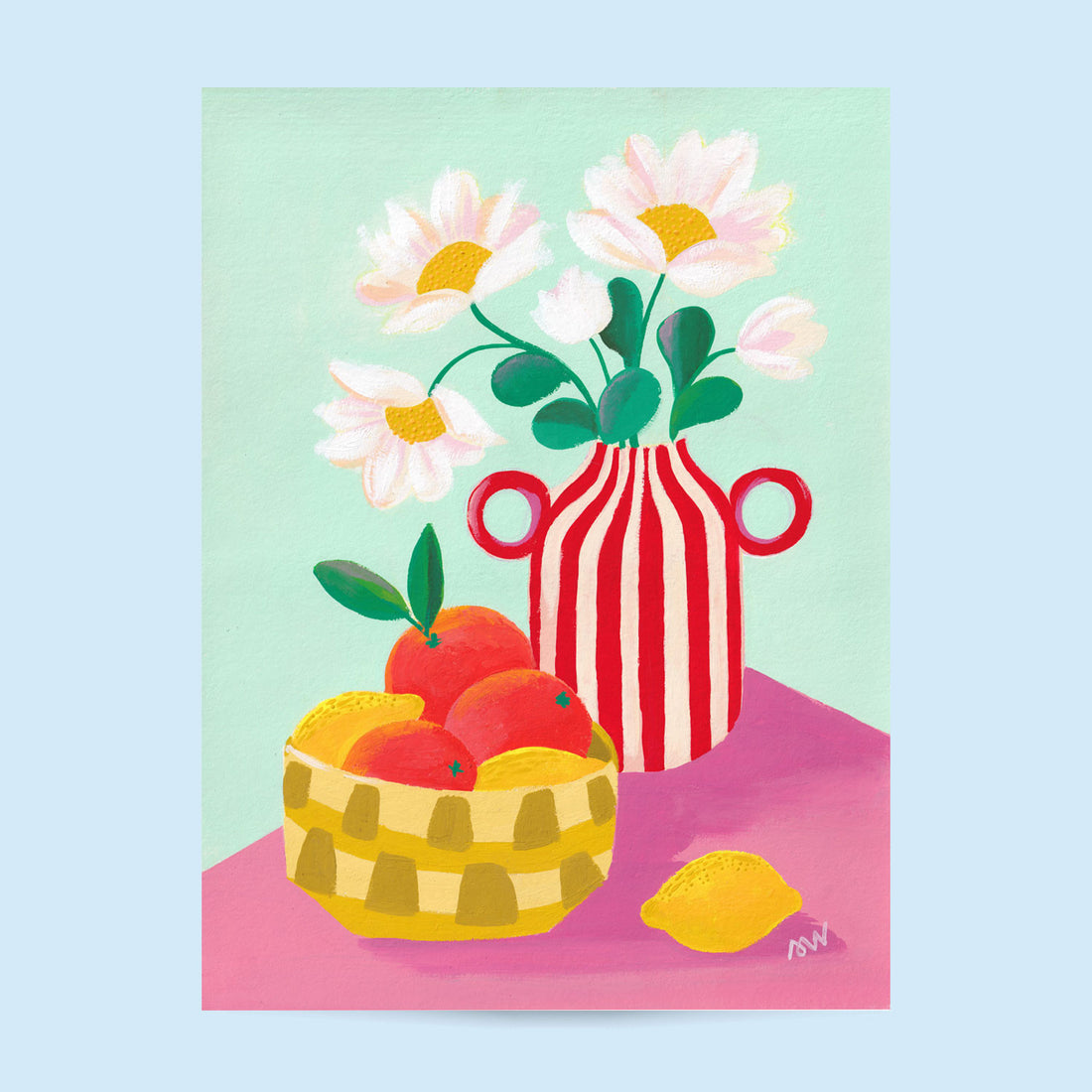 Tirage d'art Les agrumes de Lambesc, illustration de marguerites dans un vase rayé rouge et blanc près d'une corbeille de fruits