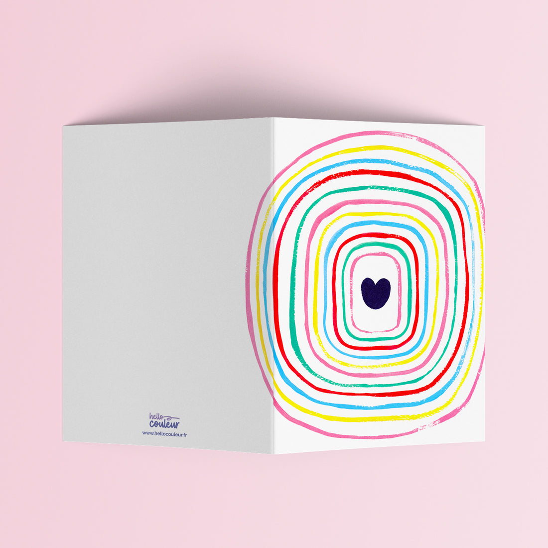 Carte pliée Cœur Spirale dépliée, page intérieure vierge à gauche et spirale colorée à droite