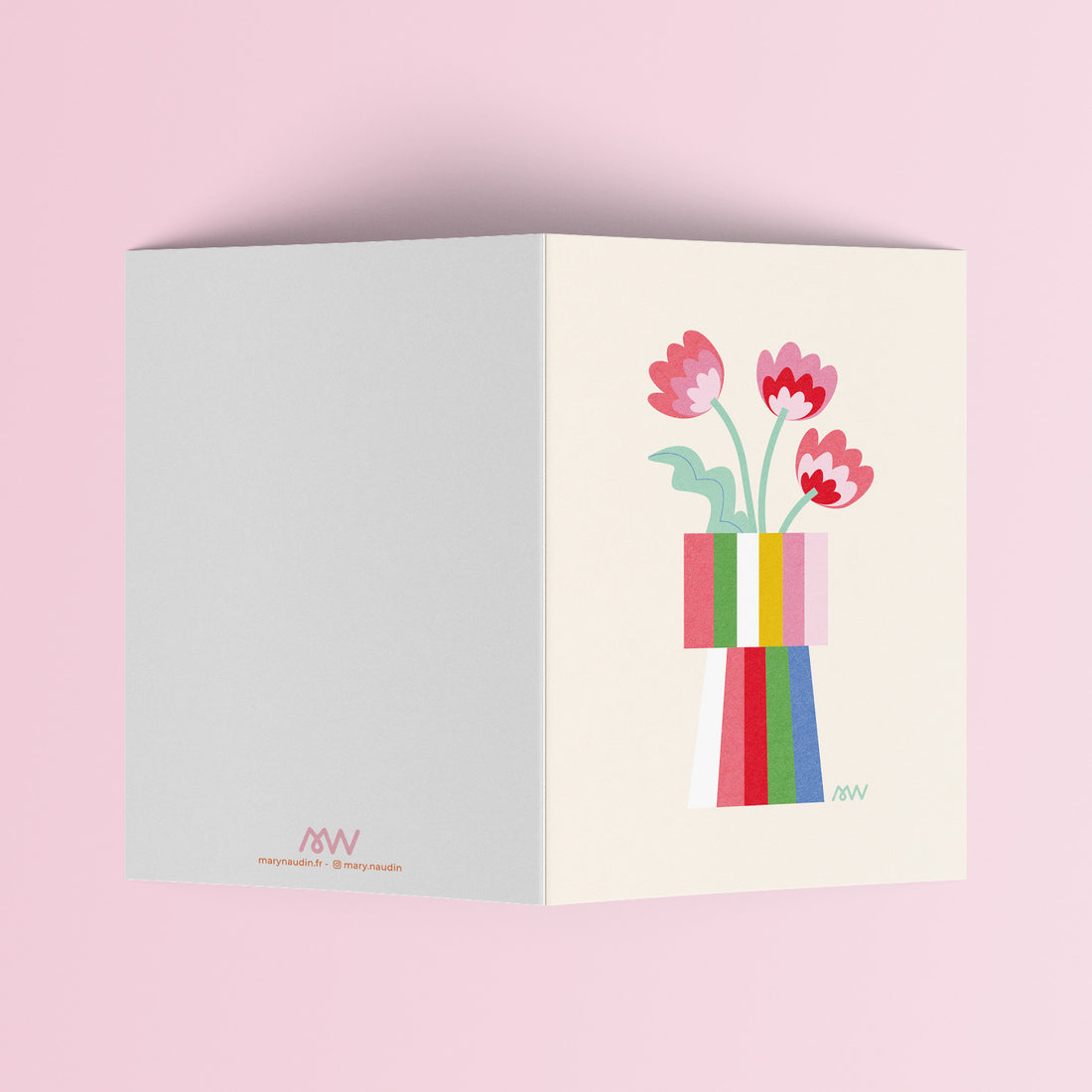 Carte pliée Vase Bandes de Couleur dépliée, page intérieure vierge à gauche et vase fleuri à droite