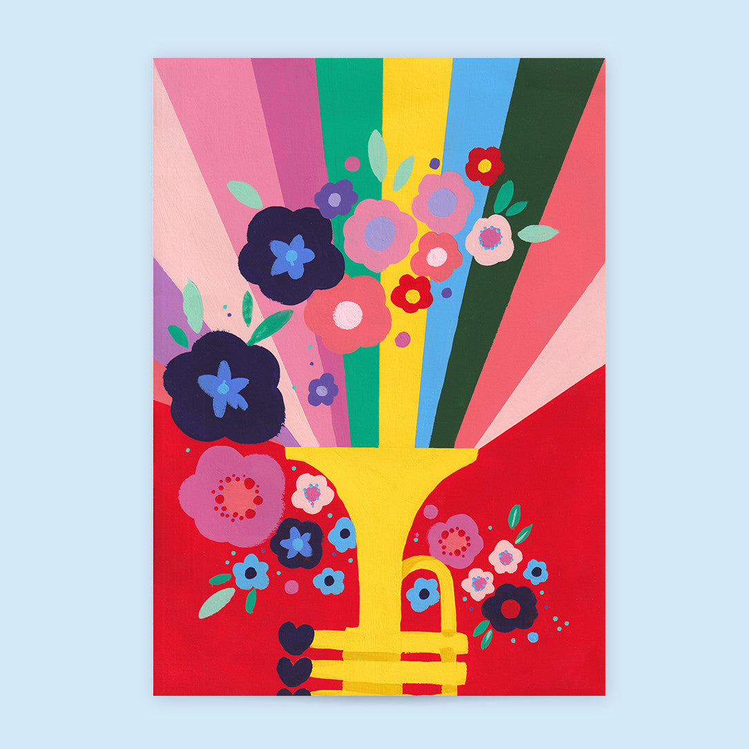 Tirage d'art Trompette fleurie, illustration d'une trompette dorée d'où jaillissent des fleurs, sur des rayons colorés