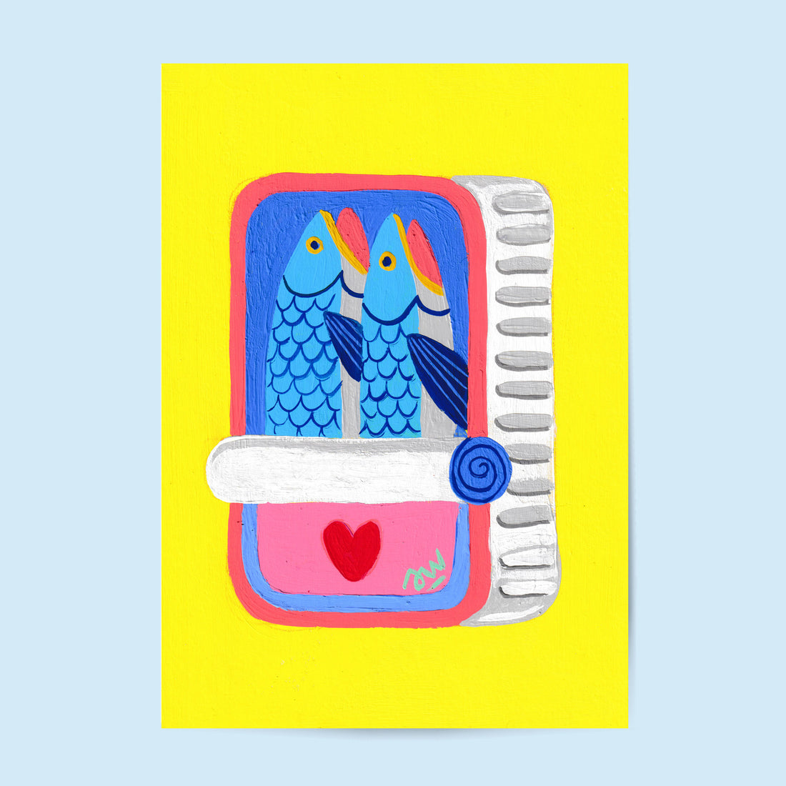 Tirage d'art Duo d'amoureux, illustration de deux sardines bleues dans une boîte ouverte avec un cœur rouge, fond jaune