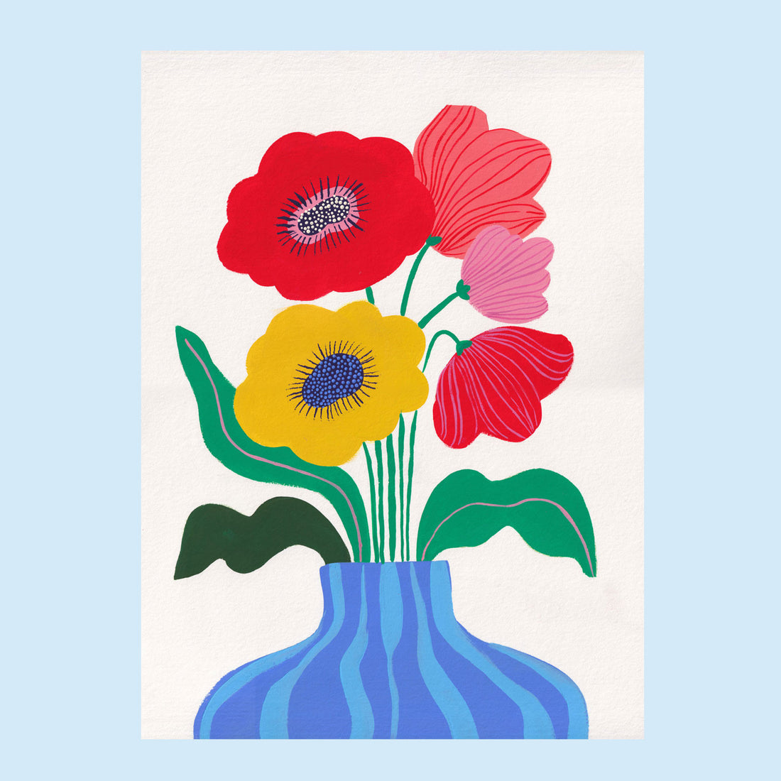 Tirage d'art Coquelicots et cie fond blanc, illustration d'un bouquet de coquelicots et d'anémones dans un vase bleu rayé