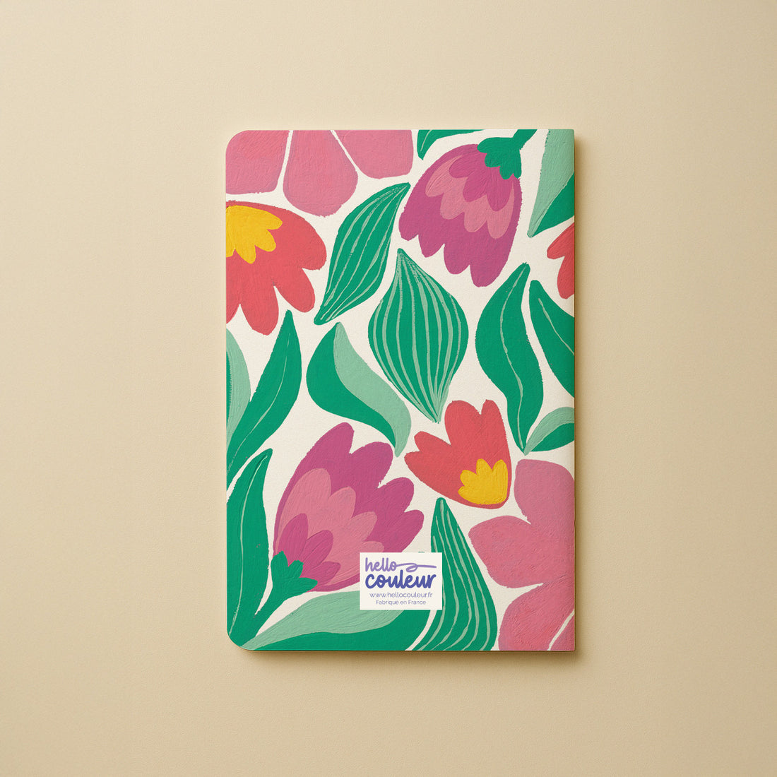 Dos du carnet A5 Jardin graphique, motif de tulipes roses et signature Hello couleur