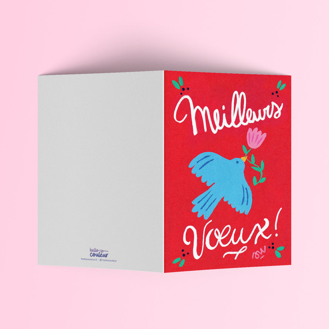 Carte pliée illustrée Meilleurs Vœux rouge dépliée, page intérieure vierge à gauche et oiseau bleu sur fond rouge à droite