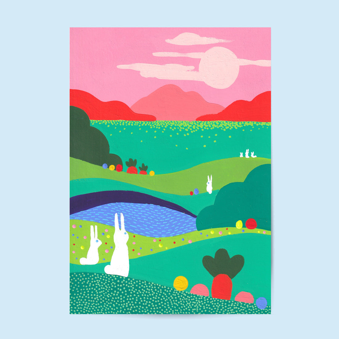Tirage d'art Chasse aux œufs, illustration de deux lapins blancs dans des collines vertes sous un ciel rose