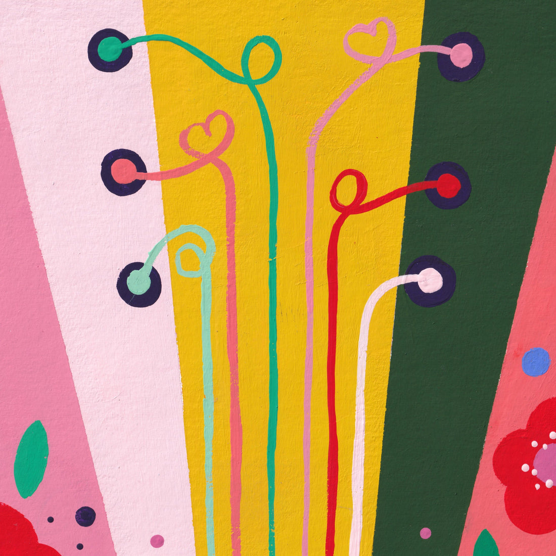Détail du tirage d'art Guitare Flower Power : la tête de la guitare et ses cordes bouclées sur les rayons pastel