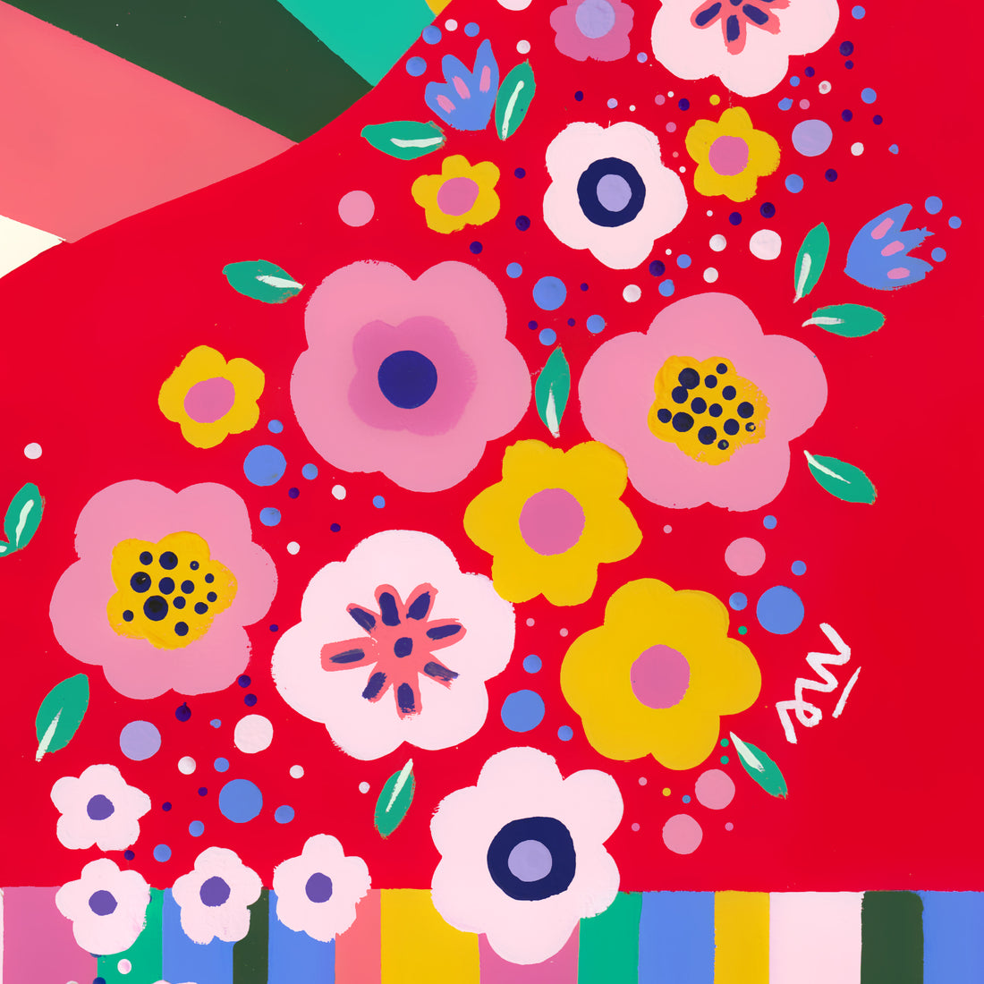 Détail du tirage d'art Piano fleuri : les fleurs roses et blanches sur fond rouge