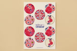Planche de 10 stickers ronds Floral, motifs de fleurs rouges et roses signés Hello couleur