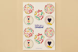 Planche de 10 stickers ronds Party, motifs de courbes colorées et de cœurs signés Hello couleur