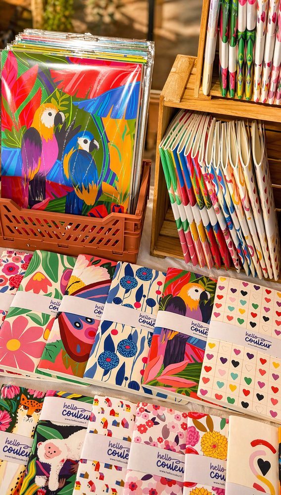 Présentoir Hello couleur en boutique — carnets, carterie et stickers illustrés